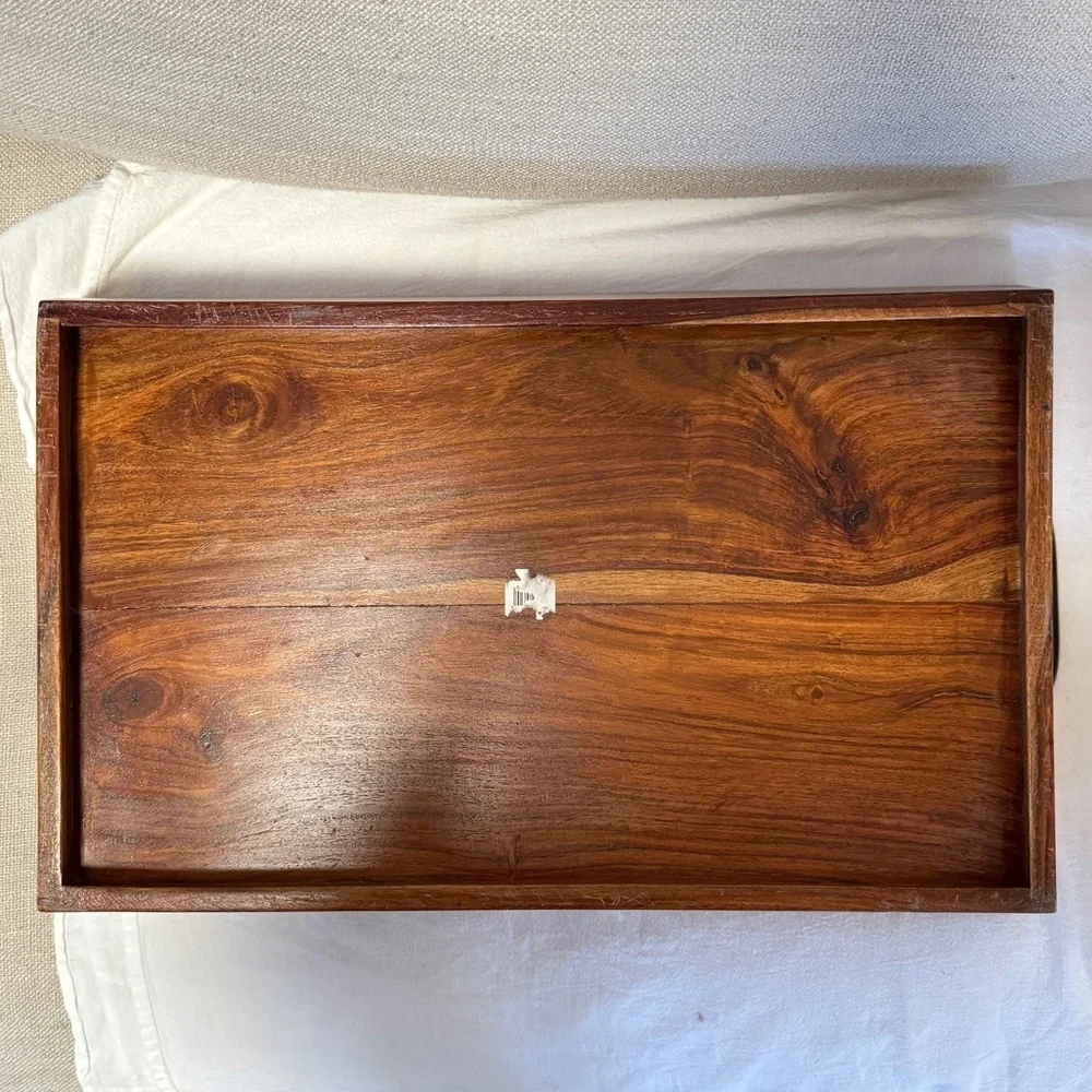 Large Rectangular Wood Tray with Metal Handles